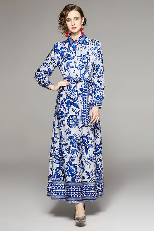 Charming & Vivid Fall Fashion Vintage Porcelain Art Print, A-Line, Collared, Long Sleeve, Belted Office, Party long Women Dress